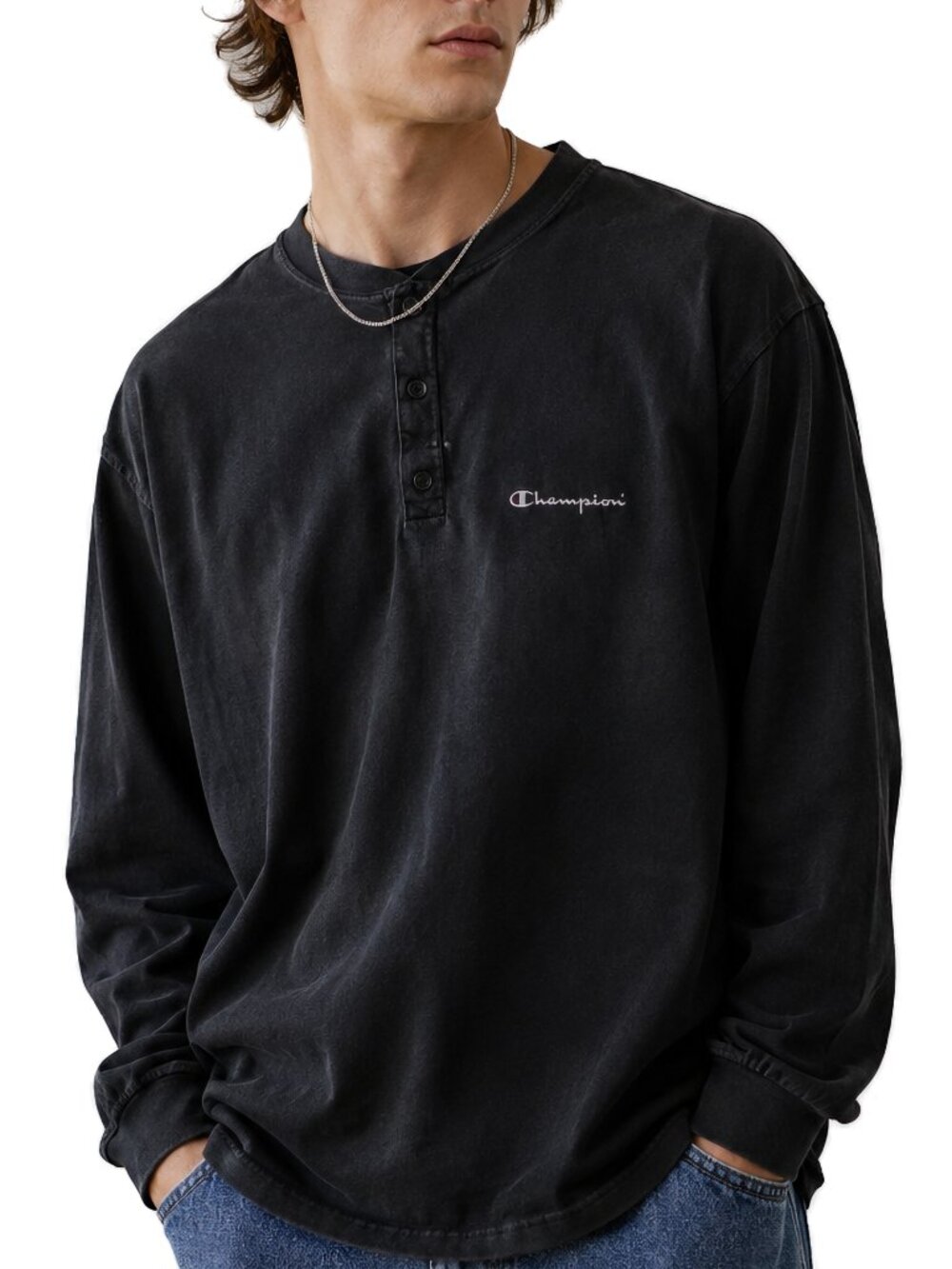 Champion Vintage Black Henley Shirt Heavyweight Cotton 90s Mens XL